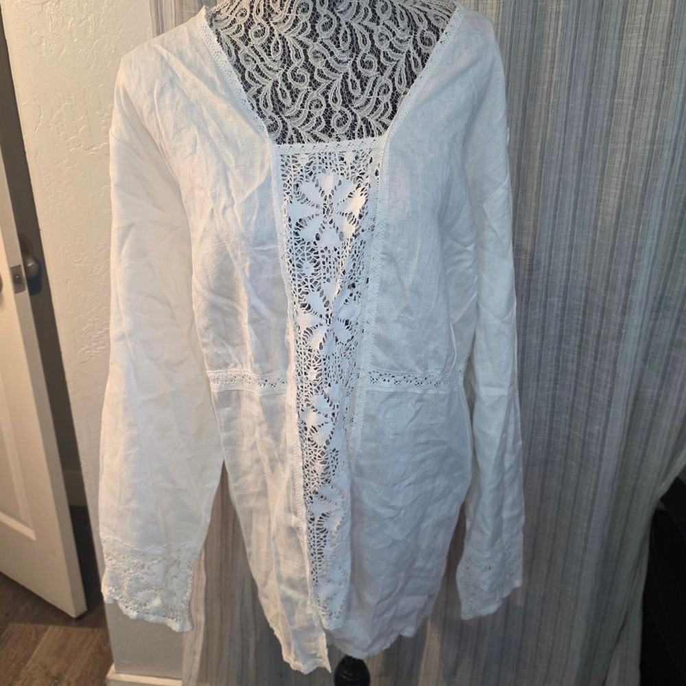 Jessica London Studio Women's 4X White Linen Crochet Lace Open Front Jacket Boho